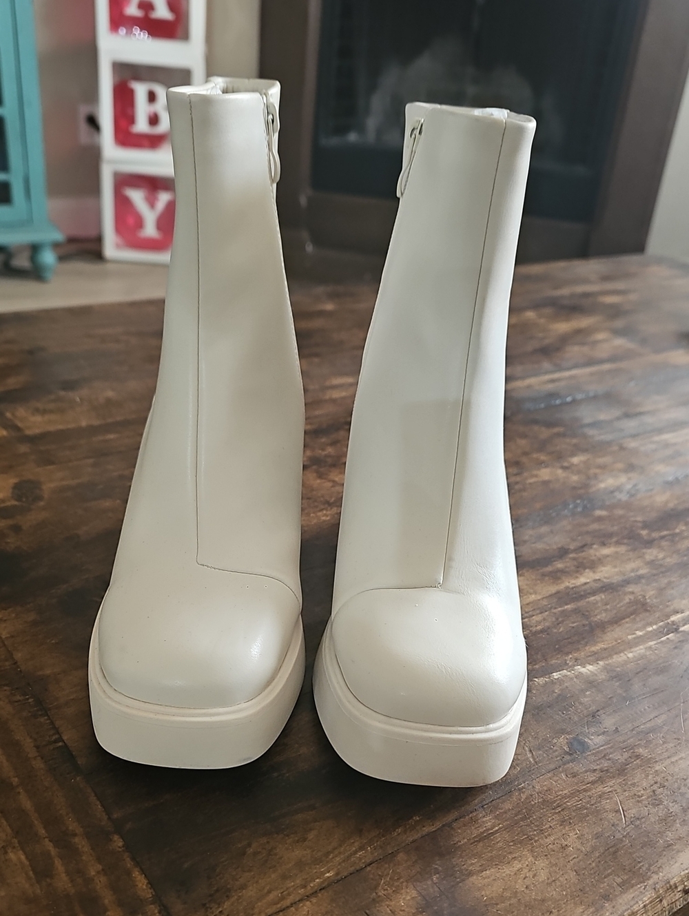 Cream Platform Ankle Boots with Back Zip